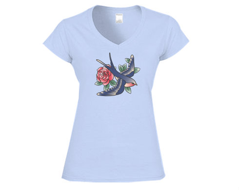 Dámské tričko V-výstřih Ptáček s růží