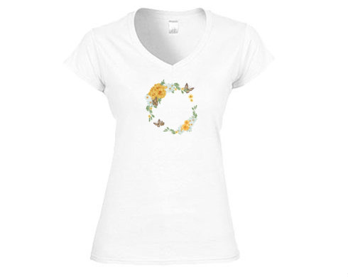 Květinový rámeček s motýly Dámské tričko V-výstřih - Bílá