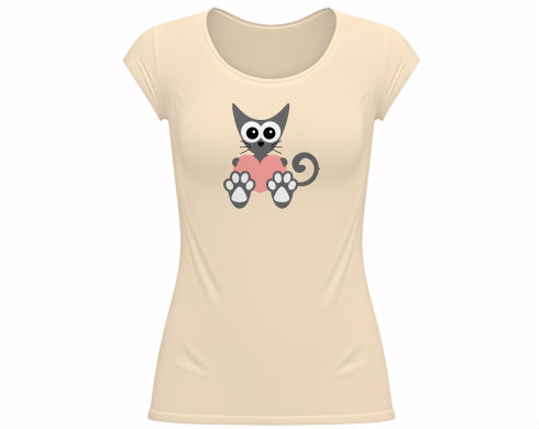 Kočka a srdce Dámské tričko velký výstřih - Bílá
