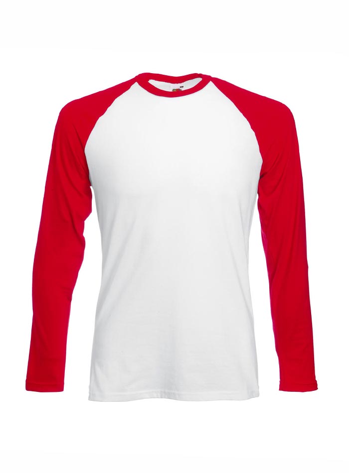 Pánské tričko Fruit of the Loom Baseball s dlouhým rukávem - Bílá/červená 3XL